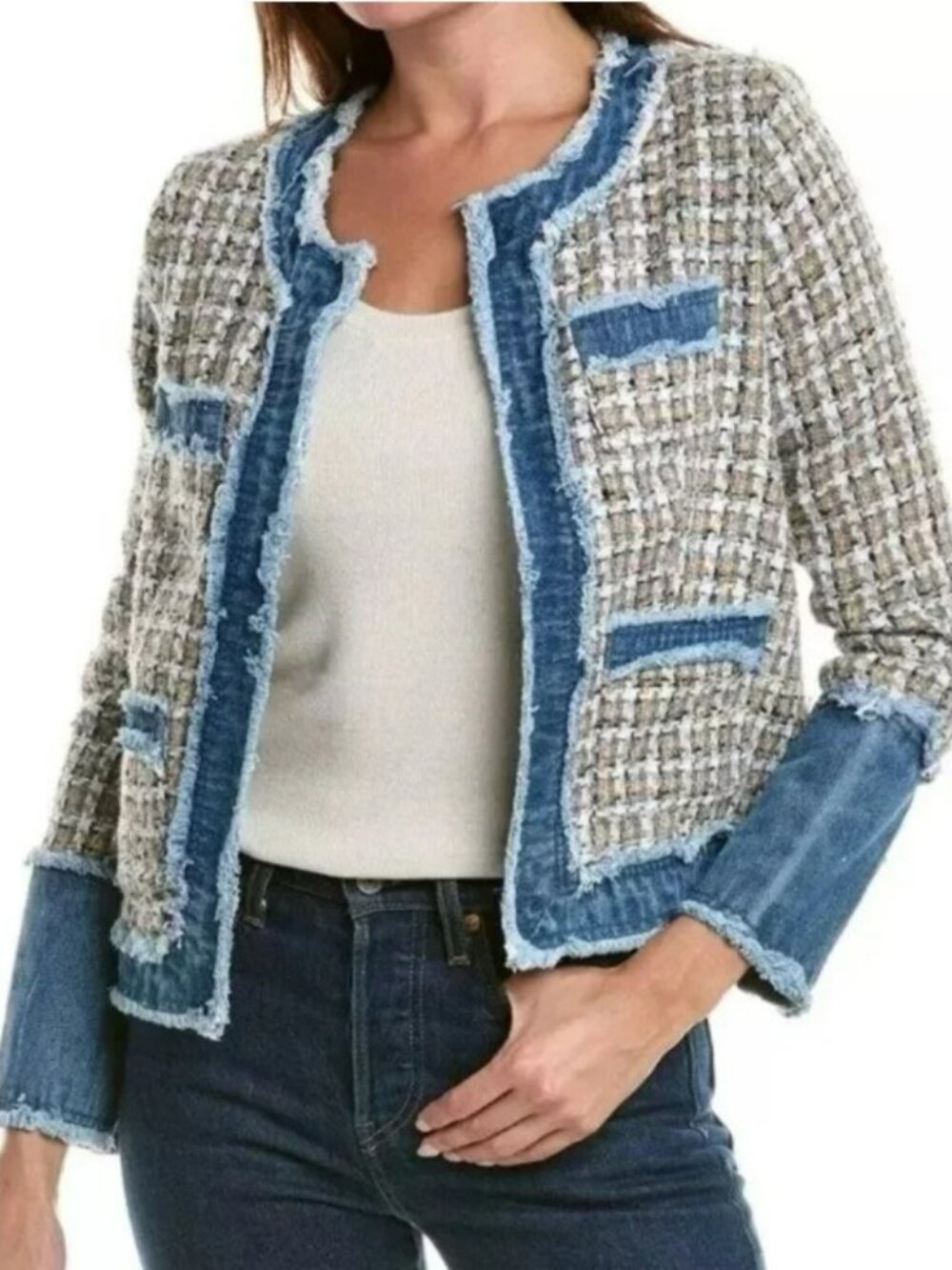 Nanette Lepore Tweed Denim Trimmed Fringe Blazer Jacket